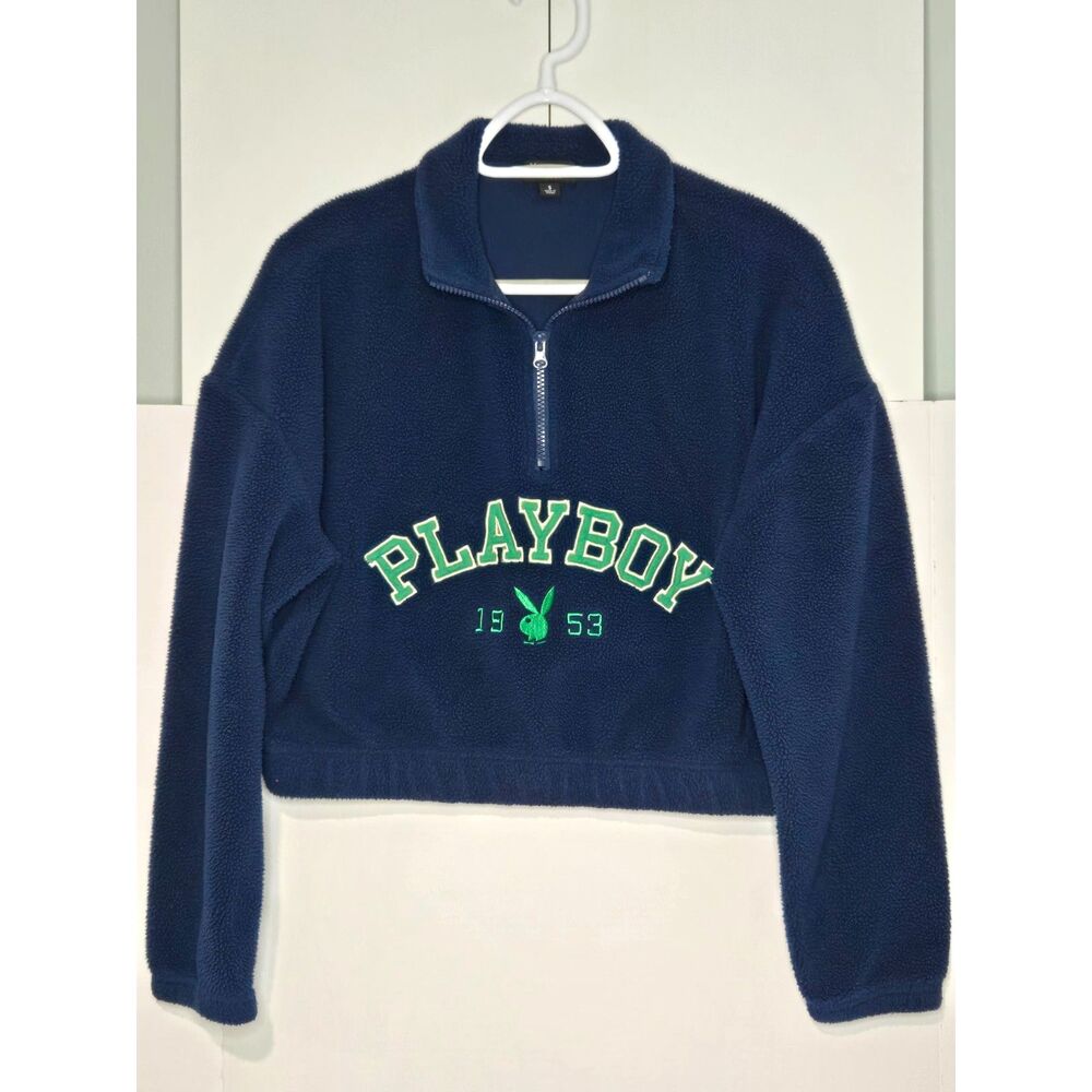 Playboy PacSun Crop Fleece Pullover | Women's Size S | Navy Blue Quarter Zip